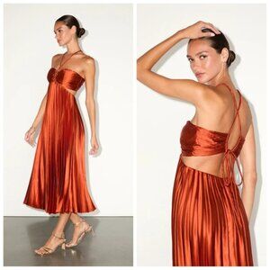 Lulus Aerin Pleated Cutout A-Line Midi Dress Rust Satin | XS | NWT